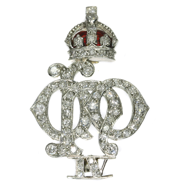 Platinum Art Deco diamond set enameled Crest of the 4th Queen's Own Hussars